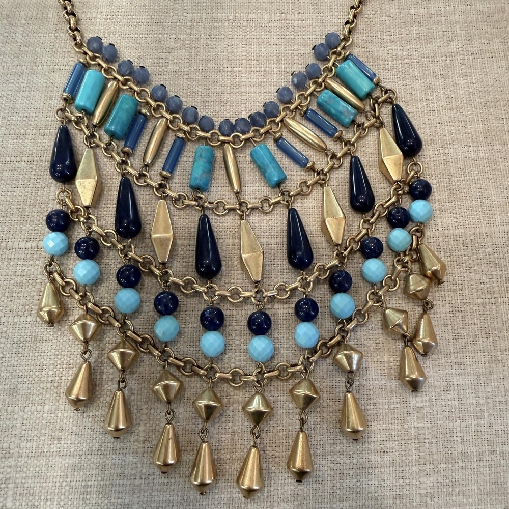 Stella & Dot Blue Beaded Bib Necklace Gold Tone Fringe Womens Statement Boho